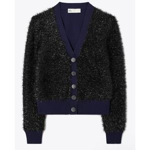 Tory Burch Cardigan Women L Black Iridescent Sparkle Cropped Boxy 2022 $598